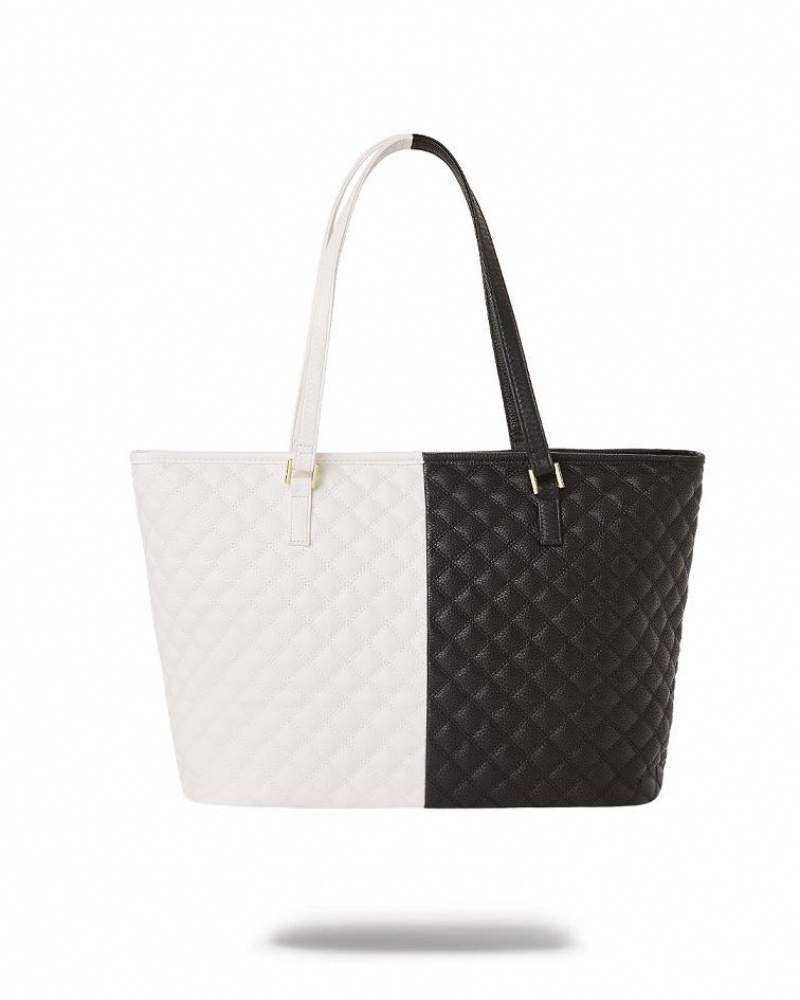 Black White Women's Sprayground Leveled Up Split Quilt Shark Tote Bags | AIBQ92850