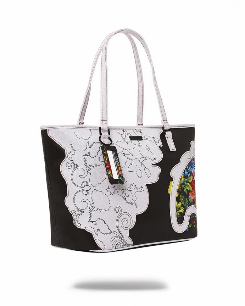 Black White Women's Sprayground The Floral Cut Tote Bags | KJGV24036