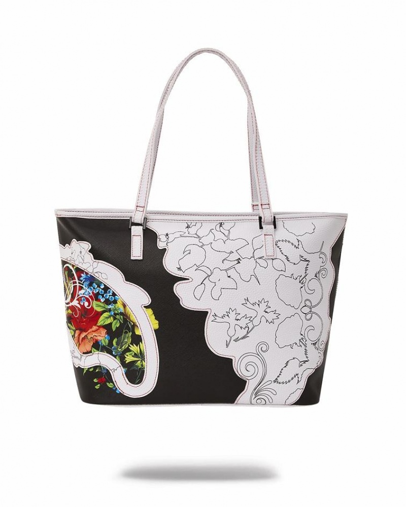 Black White Women's Sprayground The Floral Cut Tote Bags | KJGV24036