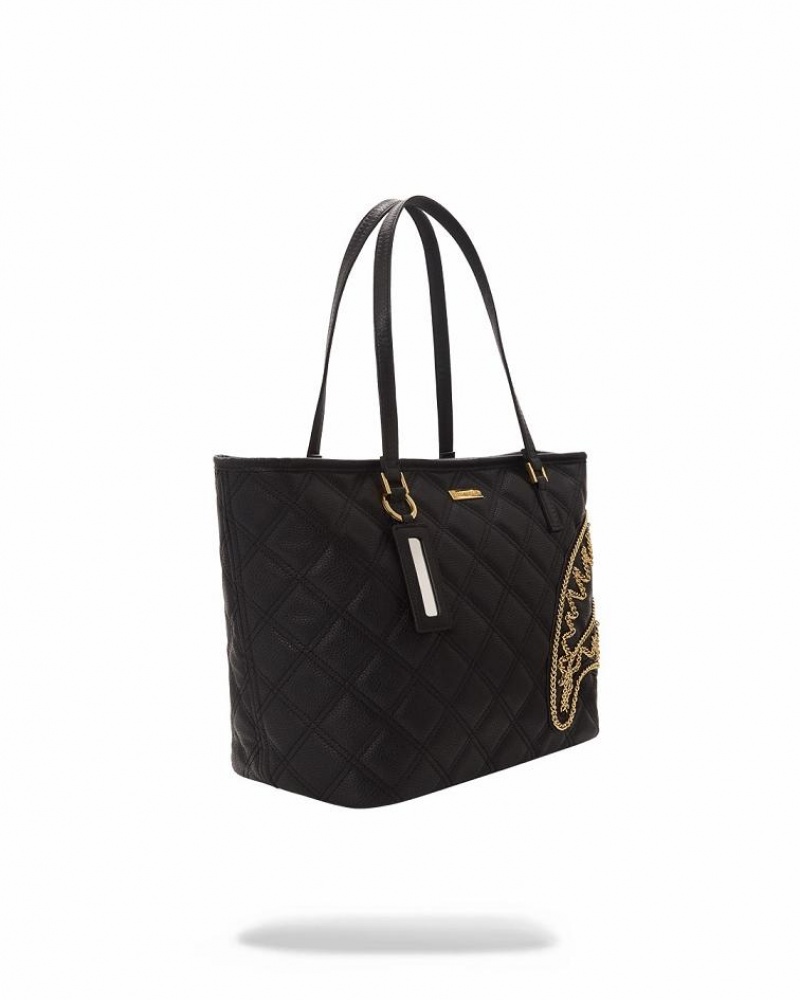 Black Women's Sprayground Noir Quilt Gold Chain Shark Tote Bags | WJOU70854