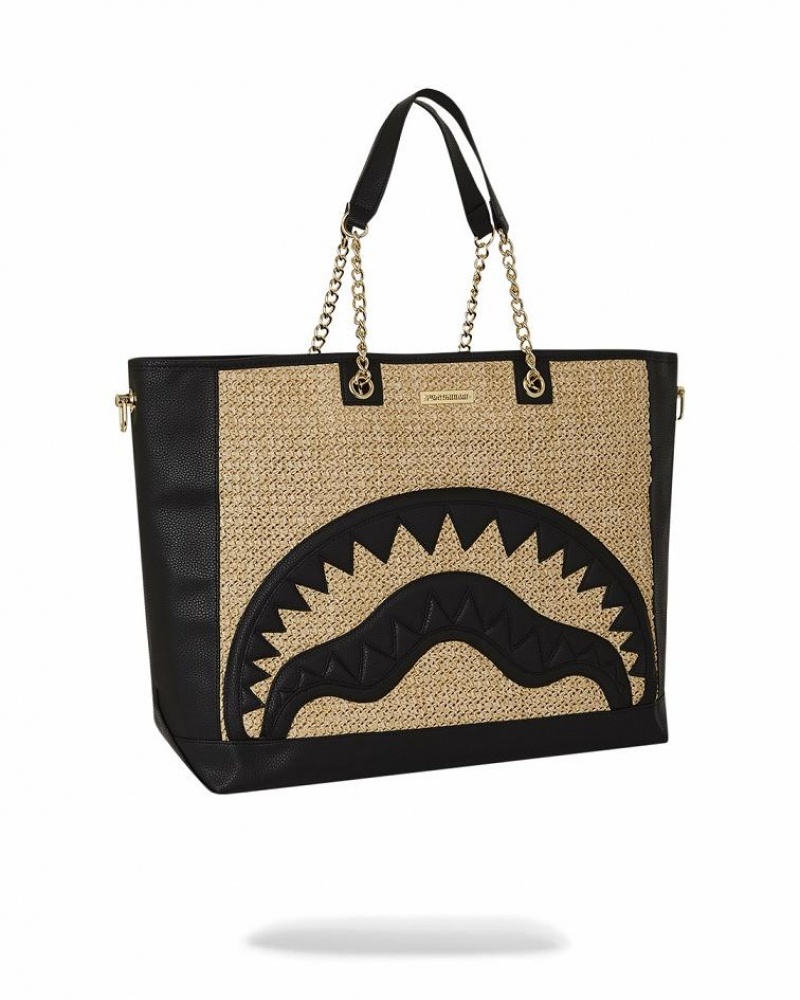 Black Women's Sprayground Raffia Palm Tote Bags | HSNQ69425