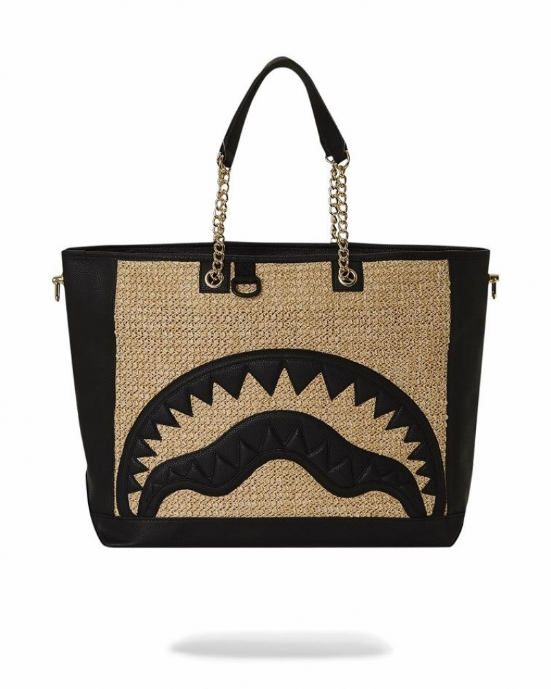 Black Women's Sprayground Raffia Palm Tote Bags | HSNQ69425