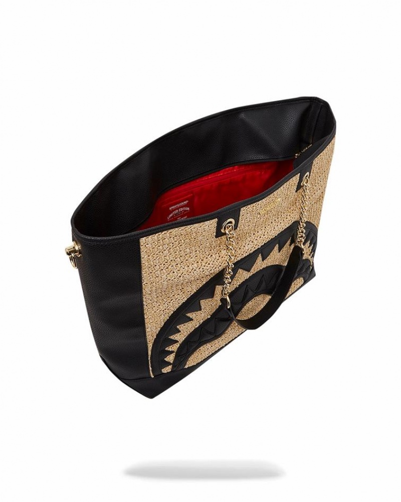 Black Women's Sprayground Raffia Palm Tote Bags | HSNQ69425