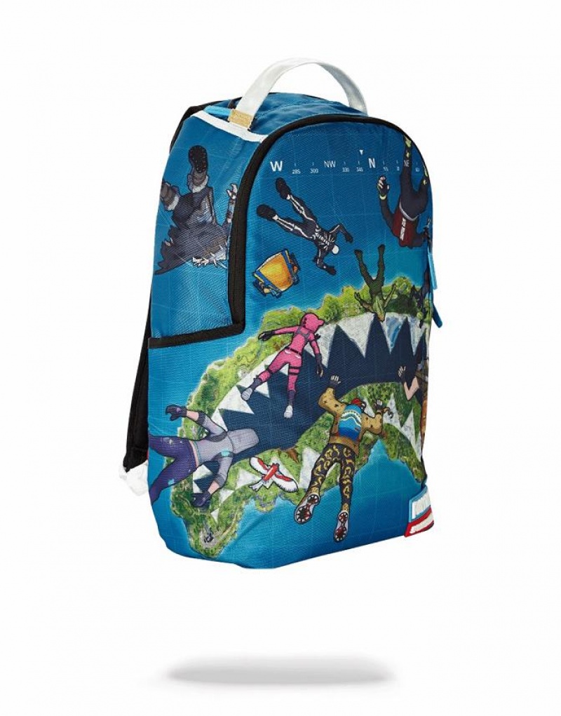 Blue Men's Sprayground Fortnite Island Backpacks | JRCN89475