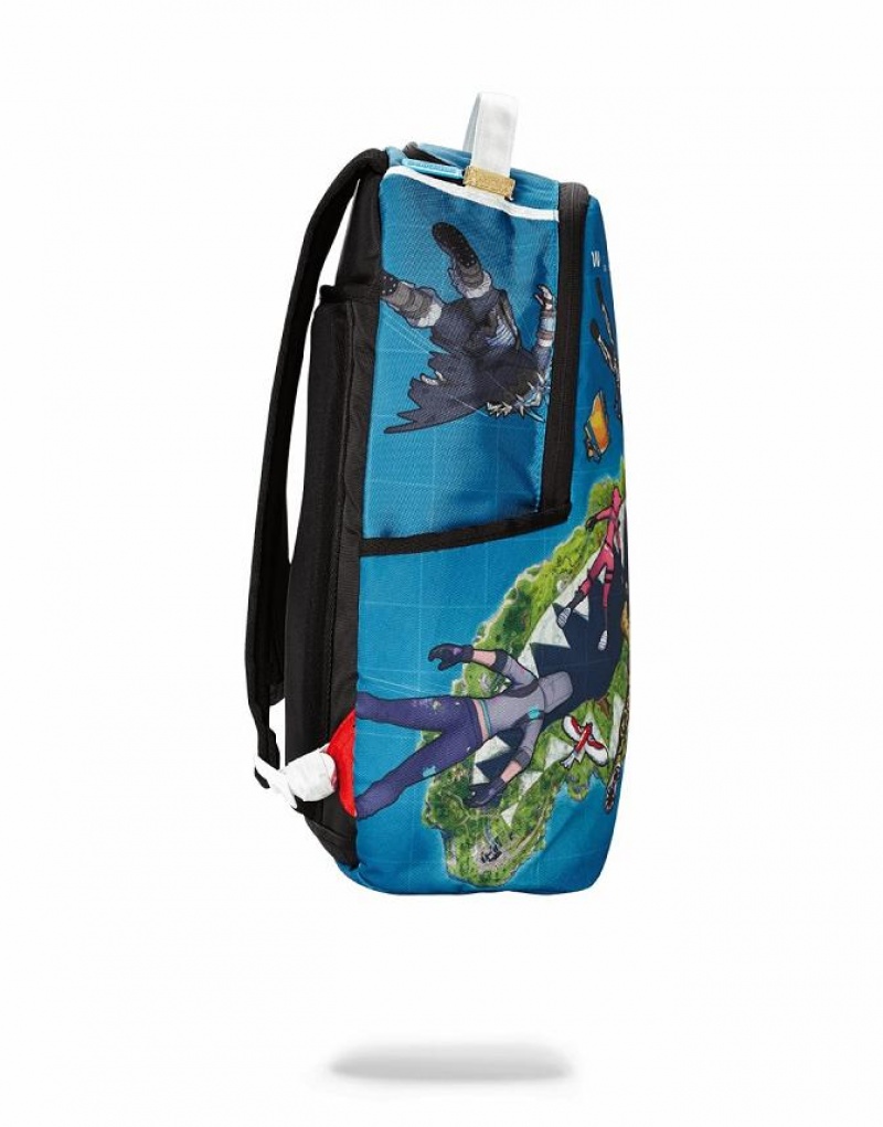 Blue Men's Sprayground Fortnite Island Backpacks | JRCN89475