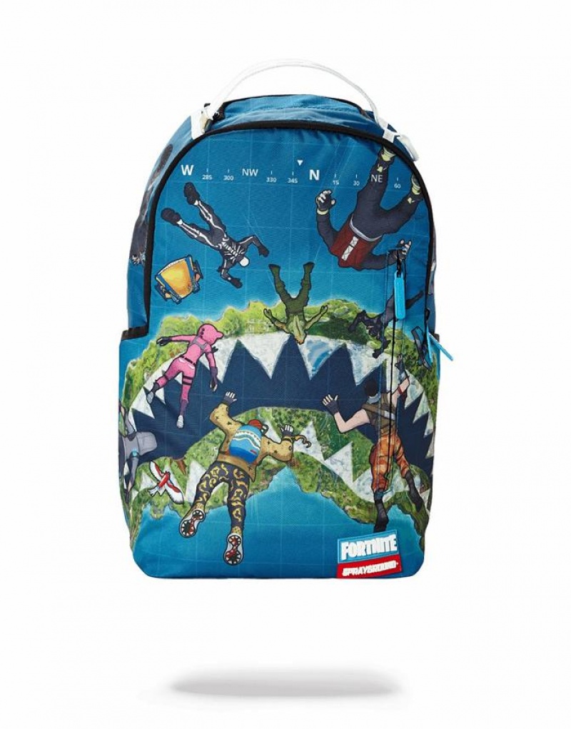 Blue Men\'s Sprayground Fortnite Island Backpacks | JRCN89475