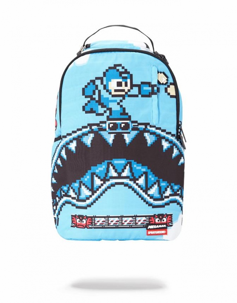 Blue Men\'s Sprayground Mega Man Destroyer Shark Backpacks | QYJM91584