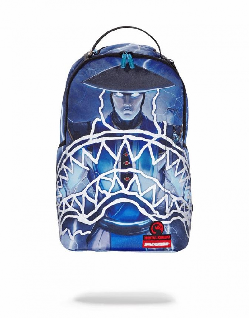 Blue Men's Sprayground Mortal Kombat Raiden Sharkmouth Backpacks | YKGU43570