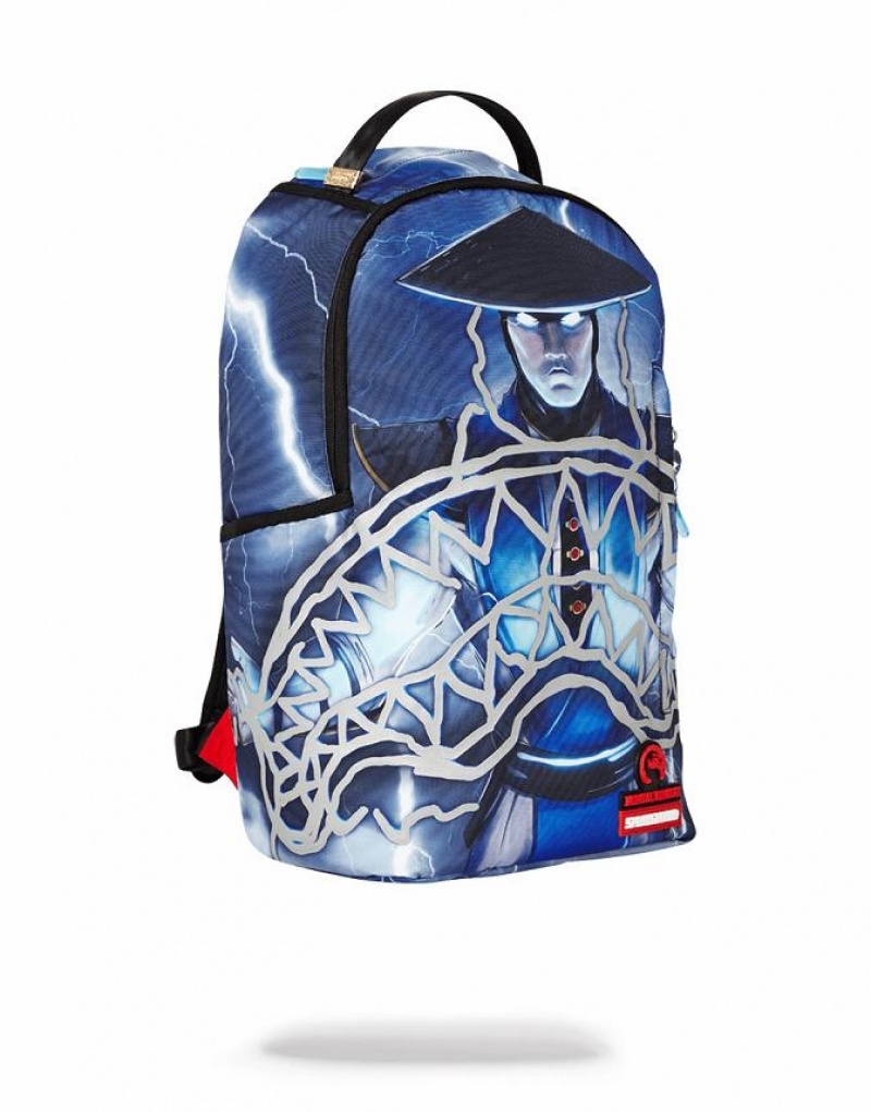 Blue Men's Sprayground Mortal Kombat Raiden Sharkmouth Backpacks | YKGU43570