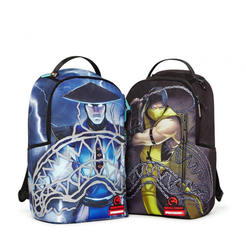 Blue Men's Sprayground Mortal Kombat Raiden Sharkmouth Backpacks | YKGU43570