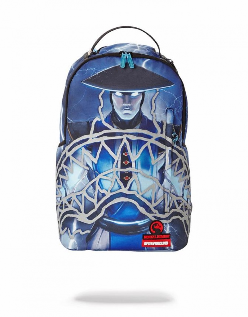 Blue Men\'s Sprayground Mortal Kombat Raiden Sharkmouth Backpacks | YKGU43570