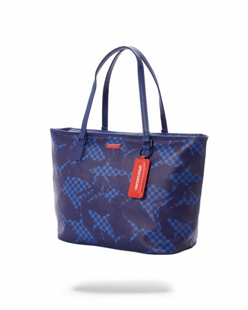 Blue Women's Sprayground Shark Check Tote Bags | FCXA25681