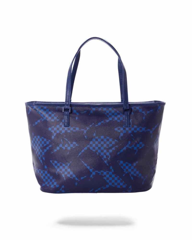 Blue Women's Sprayground Shark Check Tote Bags | FCXA25681