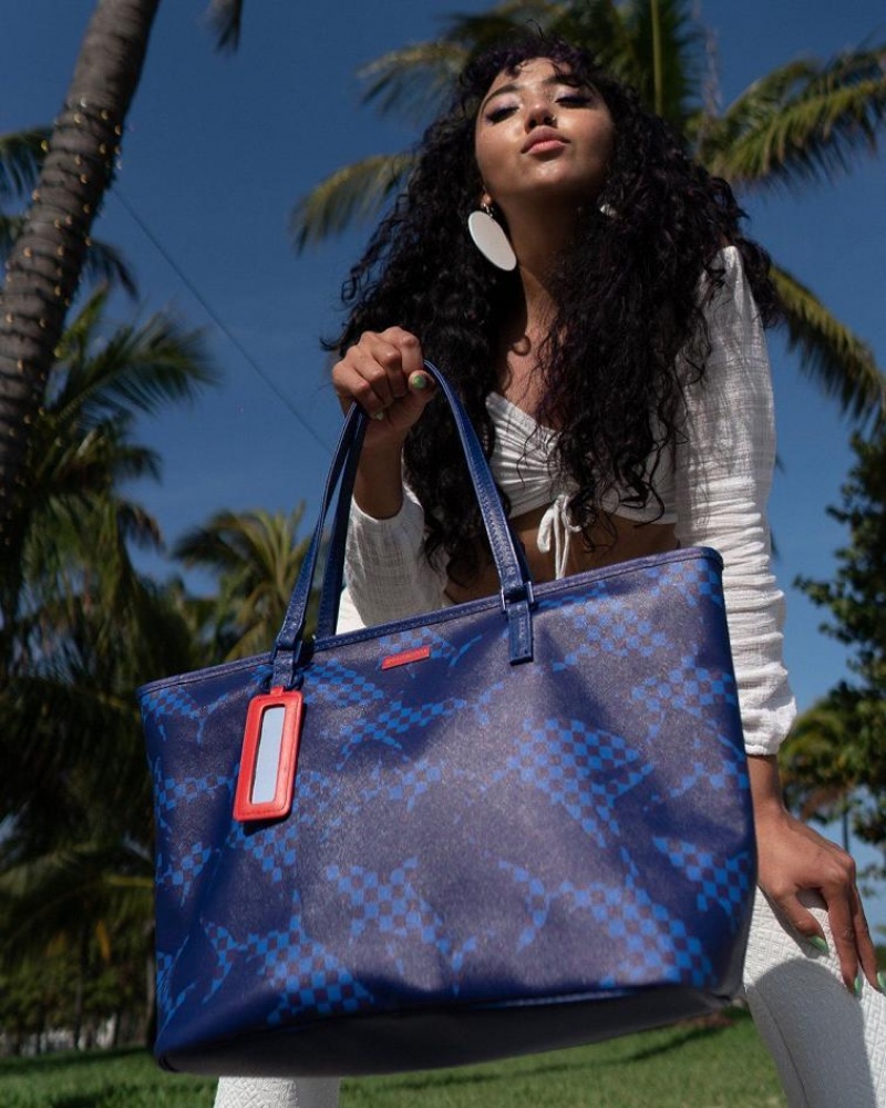 Blue Women's Sprayground Shark Check Tote Bags | FCXA25681