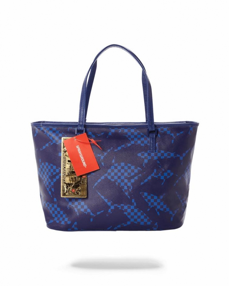 Blue Women's Sprayground Shark Check Tote Bags | FCXA25681