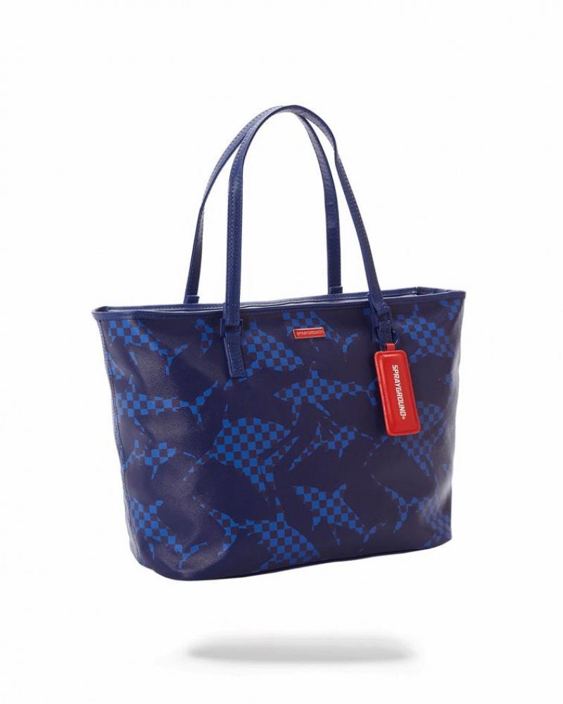 Blue Women's Sprayground Shark Check Tote Bags | FCXA25681