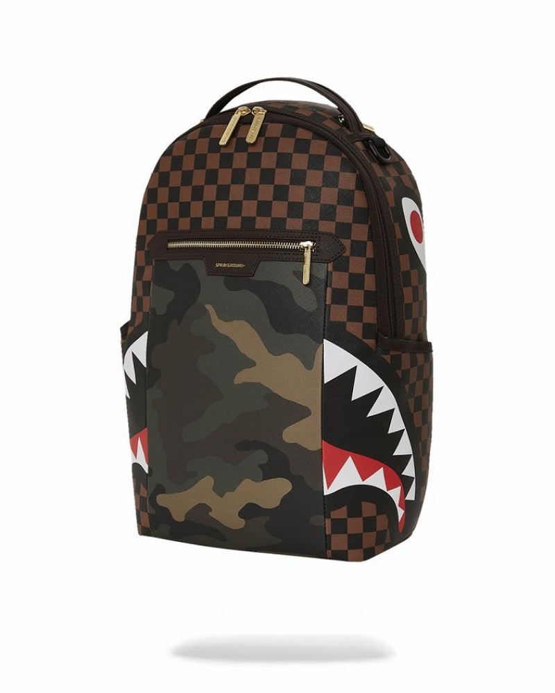 Brown Men's Sprayground Exterior Gold Zip Pocket Sharks In Paris Backpacks | QPOI32018