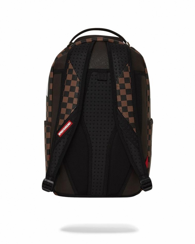 Brown Men's Sprayground Exterior Gold Zip Pocket Sharks In Paris Backpacks | QPOI32018