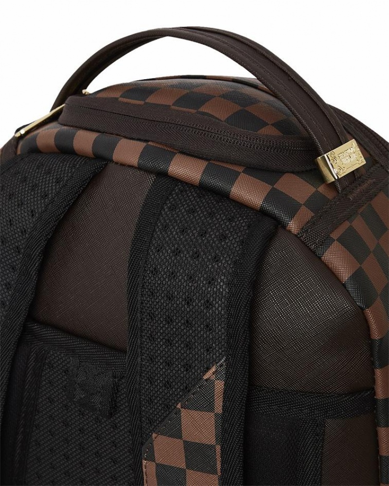 Brown Men's Sprayground Exterior Gold Zip Pocket Sharks In Paris Backpacks | QPOI32018