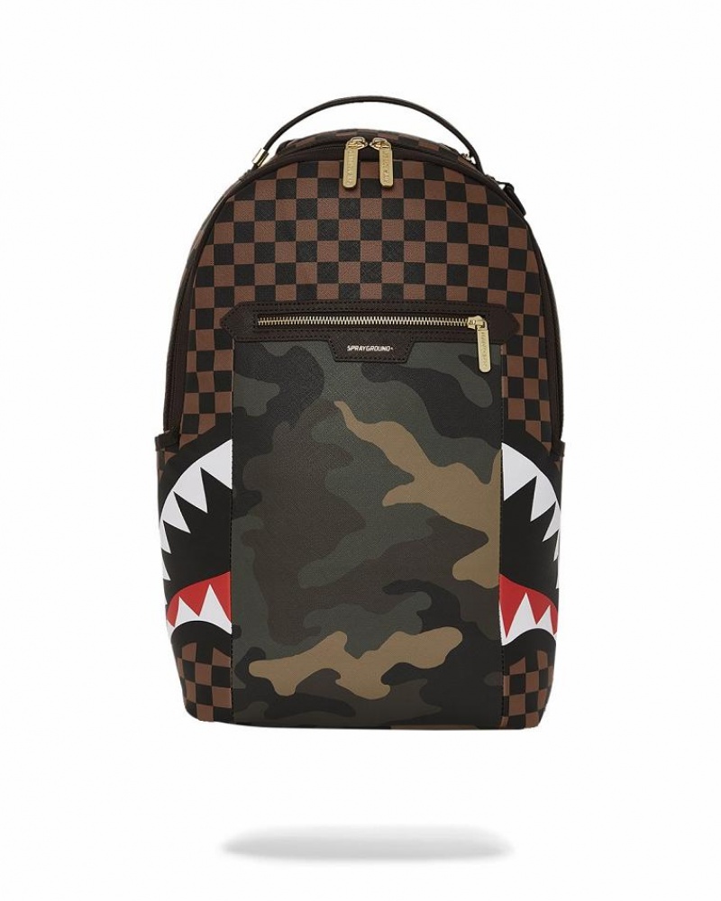 Brown Men\'s Sprayground Exterior Gold Zip Pocket Sharks In Paris Backpacks | QPOI32018