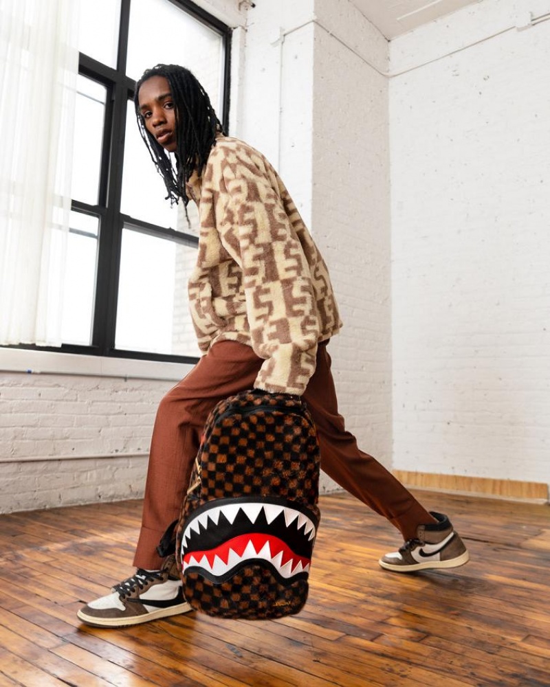 Brown Men's Sprayground Furrr Sharks In Paris Backpacks | WUQX76421