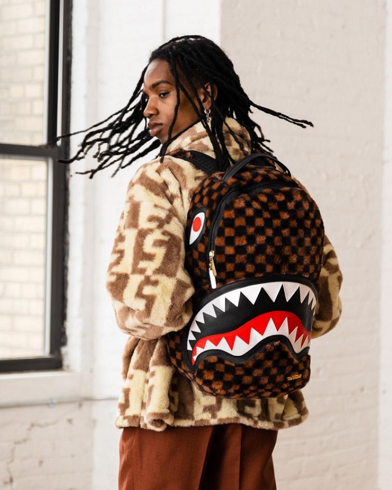 Brown Men's Sprayground Furrr Sharks In Paris Backpacks | WUQX76421