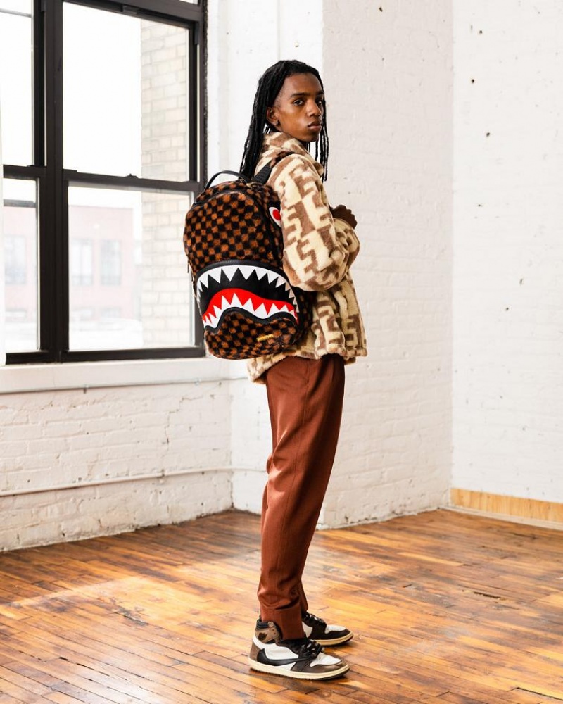 Brown Men's Sprayground Furrr Sharks In Paris Backpacks | WUQX76421