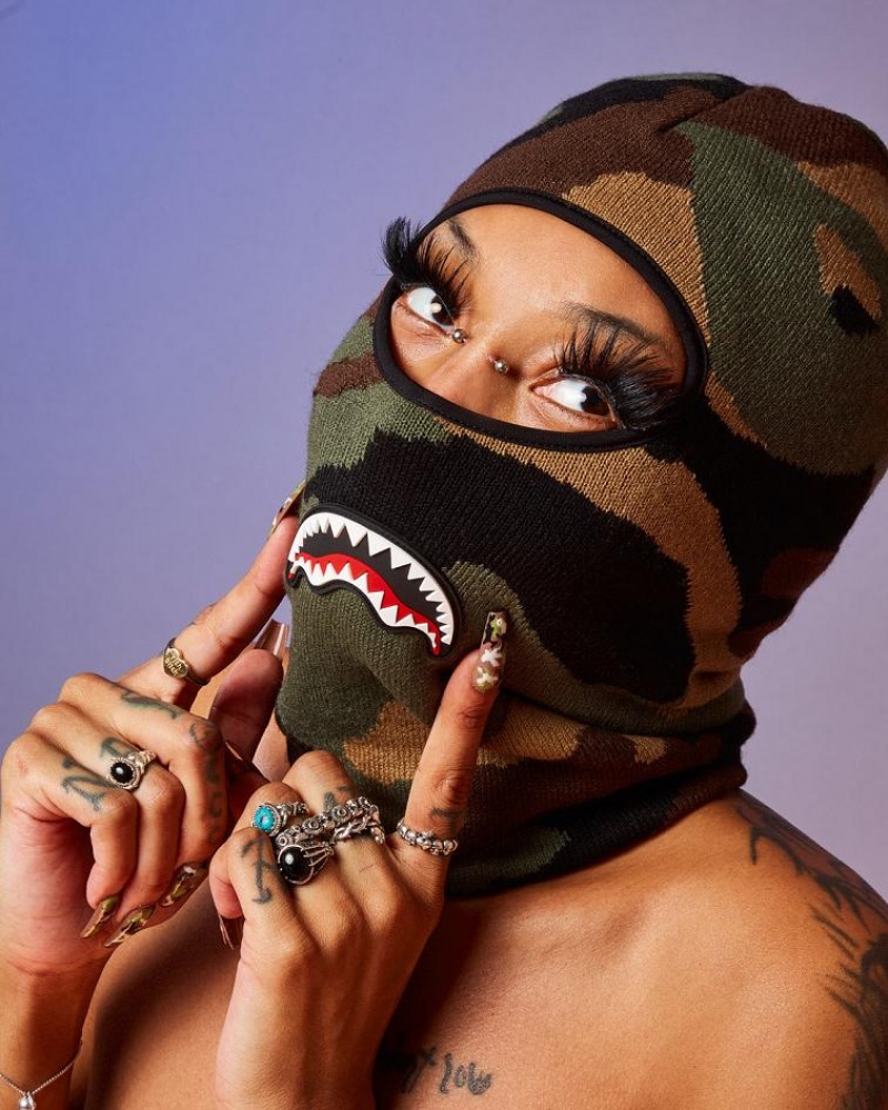 Brown Women's Sprayground Camo Shark Ski Mask | QWCE84762