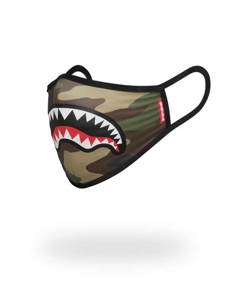 Brown Women's Sprayground Camo Sharkmouth Face Masks | ONCB34802