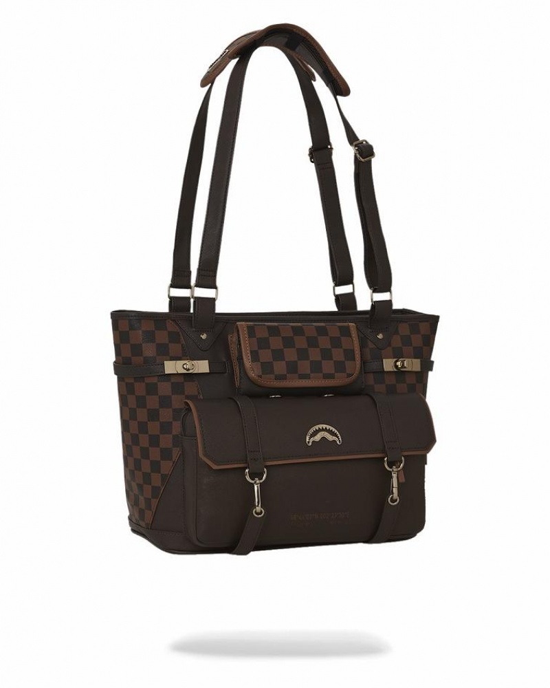 Brown Women's Sprayground Checkmate Royale Tote Bags | OZNL85167