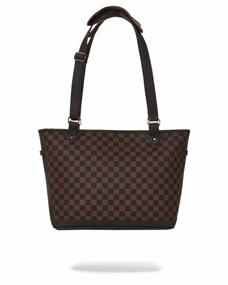 Brown Women's Sprayground Checkmate Royale Tote Bags | OZNL85167