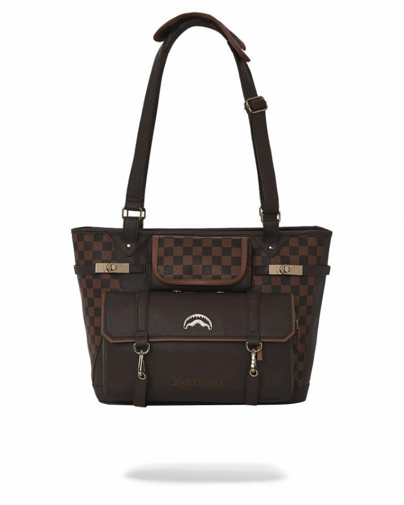 Brown Women\'s Sprayground Checkmate Royale Tote Bags | OZNL85167