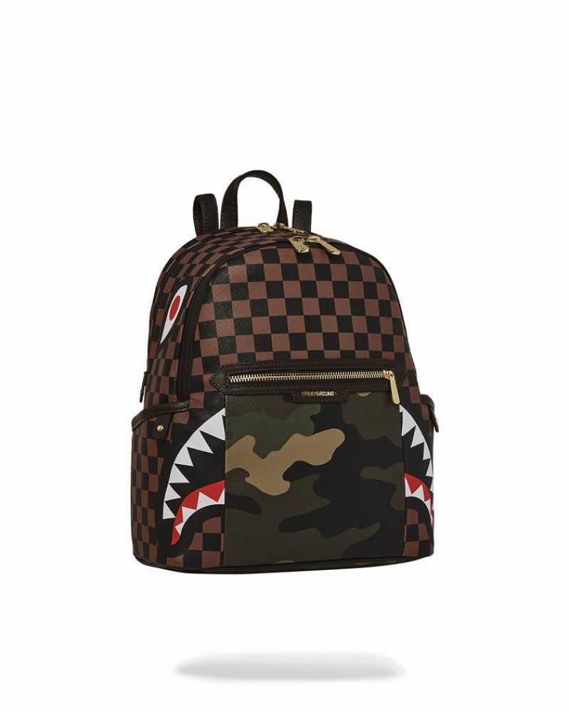 Brown Women's Sprayground Exterior Gold Zip Pocket Sharks In Paris Savage | HSIZ17936