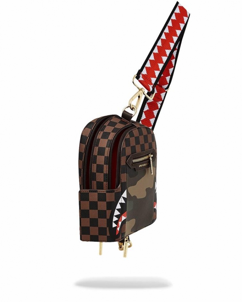 Brown Women's Sprayground Exterior Gold Zip Pocket Sharks In Paris Slings Bag | SYRH96015