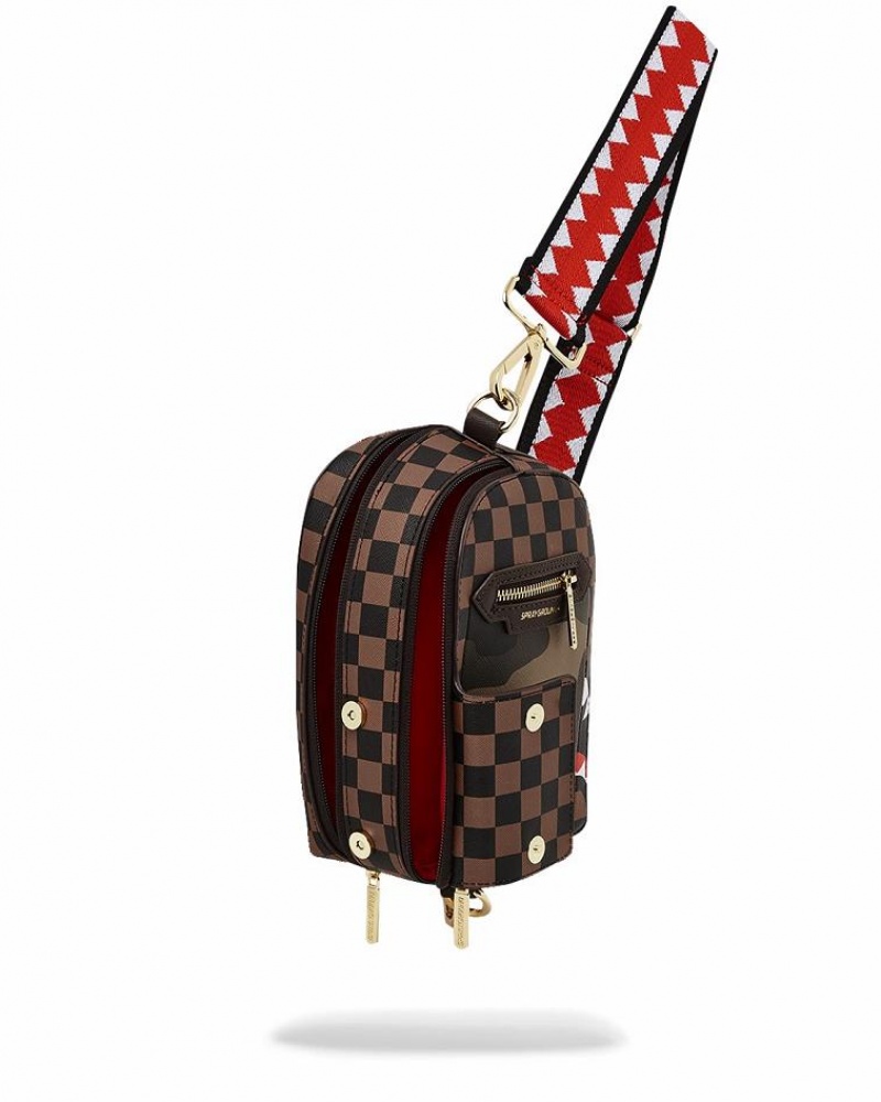 Brown Women's Sprayground Exterior Gold Zip Pocket Sharks In Paris Slings Bag | SYRH96015