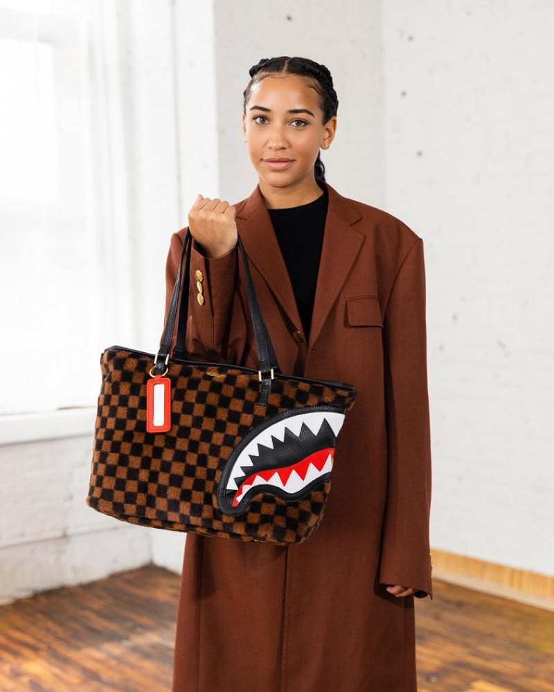 Brown Women's Sprayground Furrr Sharks In Paris Tote Bags | PUAH86012