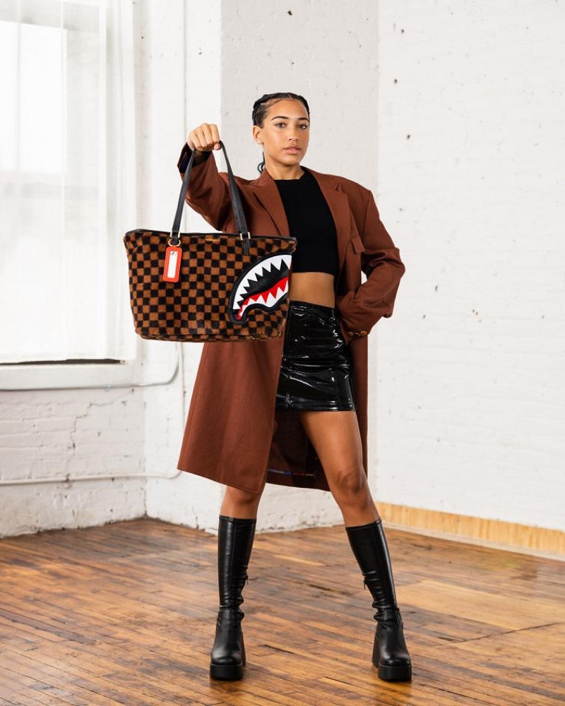 Brown Women's Sprayground Furrr Sharks In Paris Tote Bags | PUAH86012