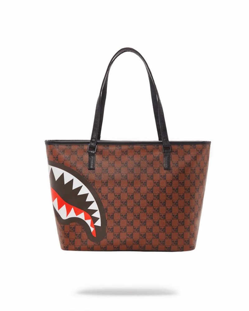 Brown Women's Sprayground Sharks And Skulls Tote Bags | ODVY21430