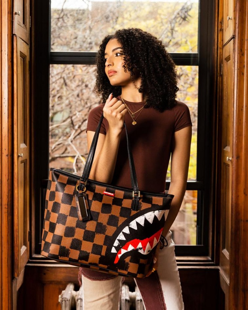 Brown Women's Sprayground Sharks In Paris Vanquish Tote Bags | PQFC97360