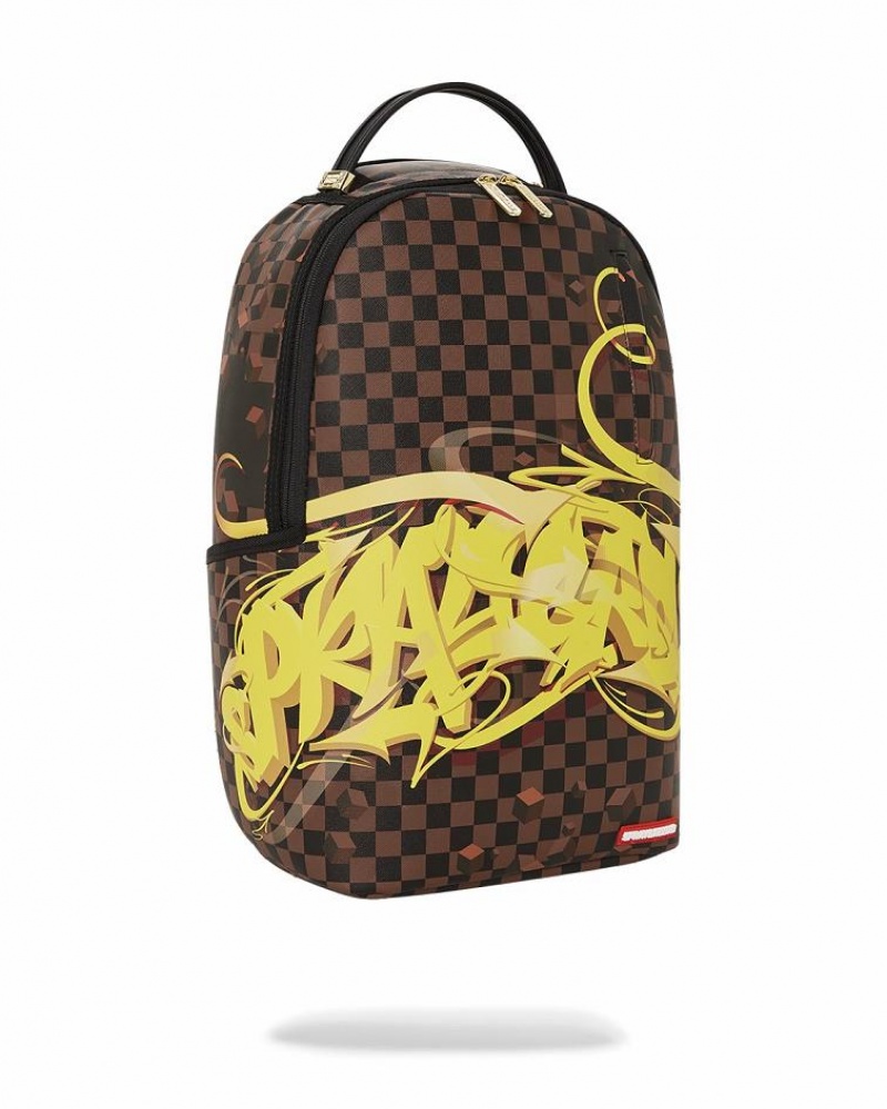 Brown Yellow Men's Sprayground 3d Graffiti Backpacks | XGVY92785