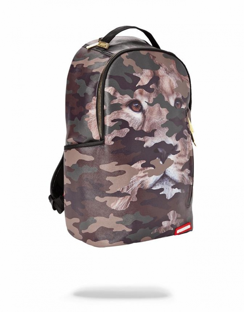 Green Men's Sprayground Lion Camo Backpacks | WUBP98014