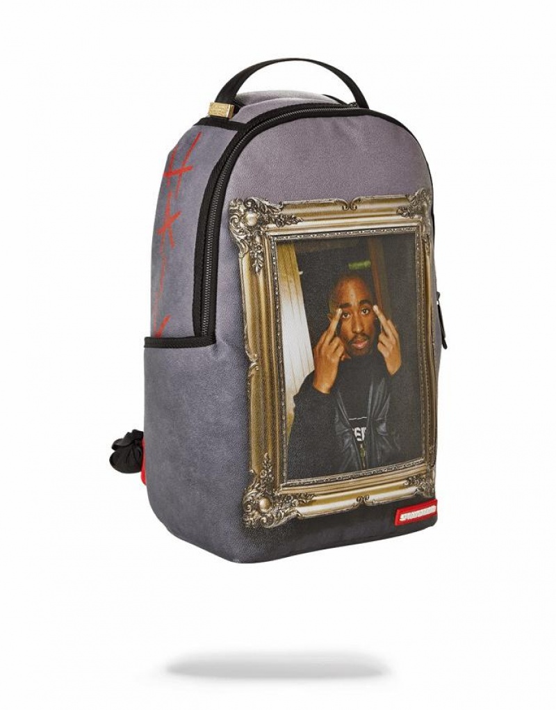 Grey Men's Sprayground Tupac Golden Boy Backpacks | ODUA86127