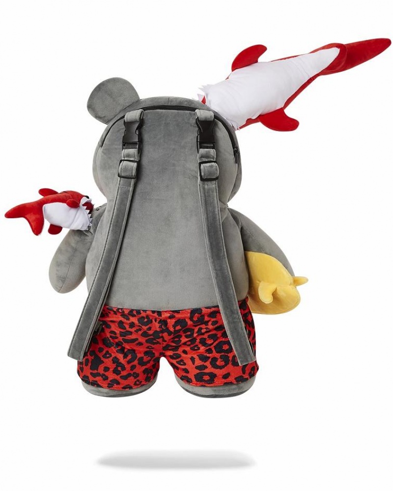 Grey Red Men's Sprayground Shark Friends Moneybear Backpacks | NSRJ78204