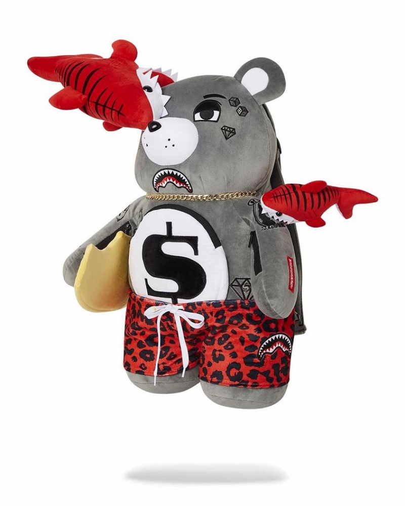 Grey Red Men's Sprayground Shark Friends Moneybear Backpacks | NSRJ78204