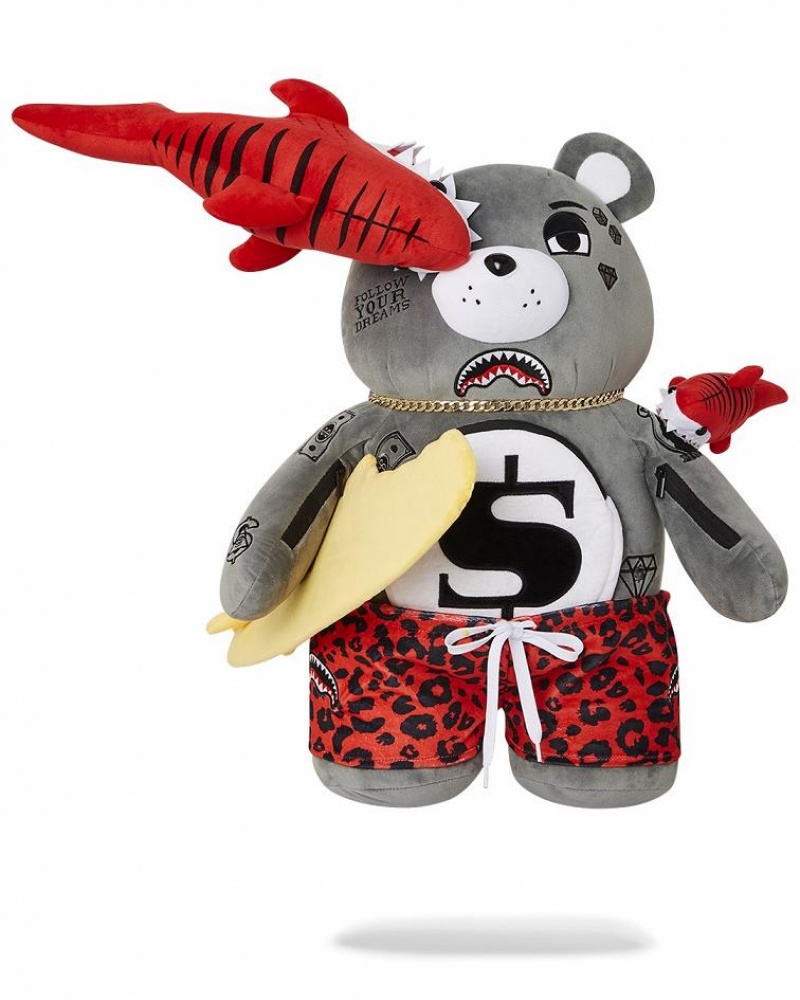 Grey Red Men\'s Sprayground Shark Friends Moneybear Backpacks | NSRJ78204