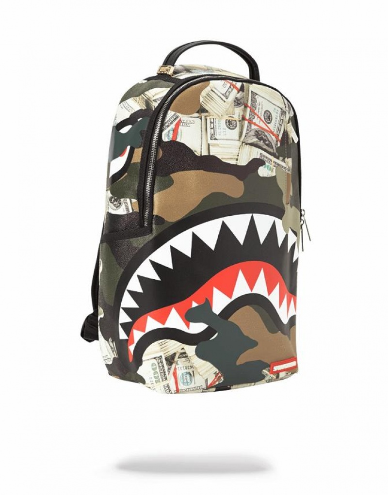 Multicolor Men's Sprayground Camo Money Shark Backpacks | HVCU49876