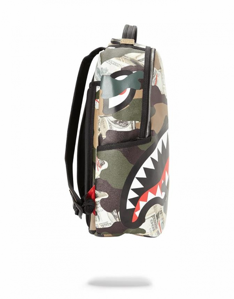 Multicolor Men's Sprayground Camo Money Shark Backpacks | HVCU49876