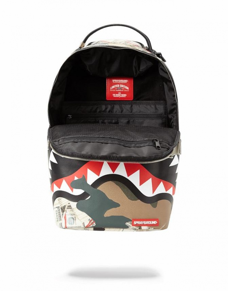 Multicolor Men's Sprayground Camo Money Shark Backpacks | HVCU49876