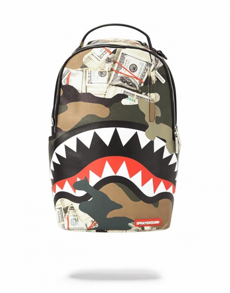 Multicolor Men\'s Sprayground Camo Money Shark Backpacks | HVCU49876