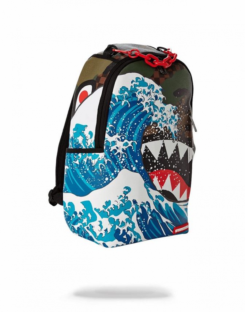 Multicolor Men's Sprayground Camokawa Wave Shark Backpacks | EXQN50216